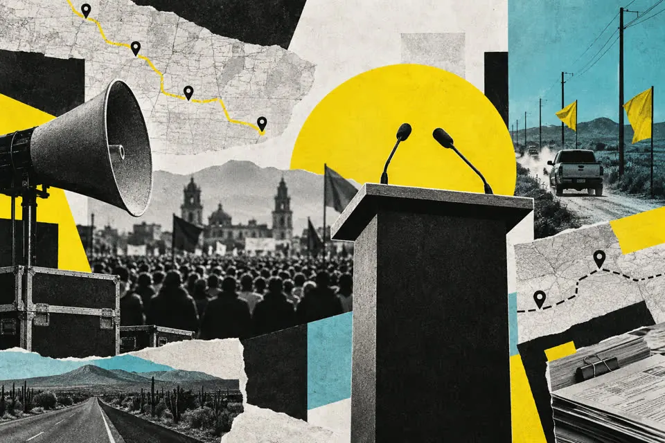 Ilustración editorial de Ruta 27 sobre campañas y debate público