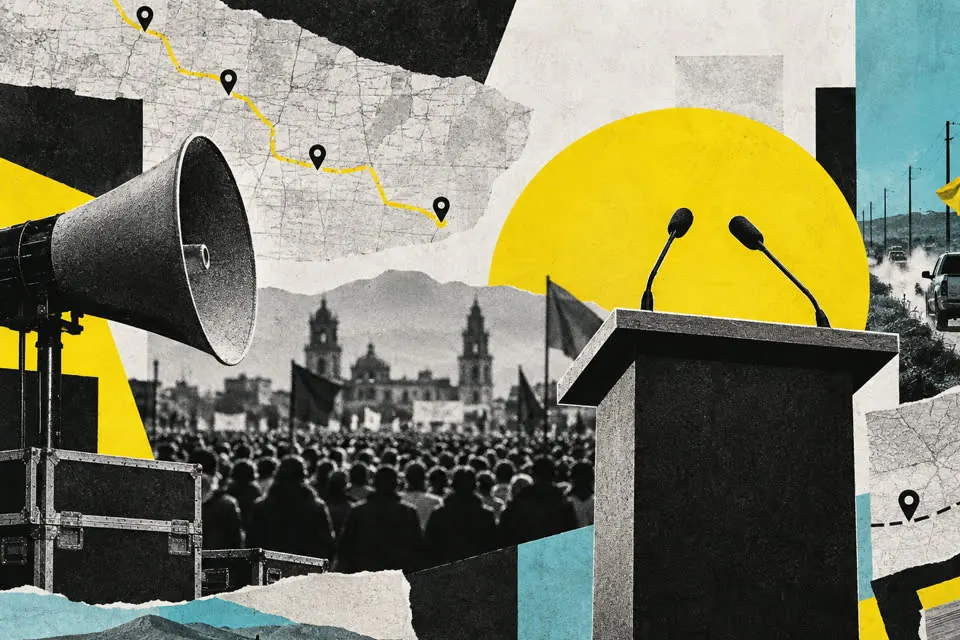Ilustración editorial de Ruta 27 sobre campañas y debate público