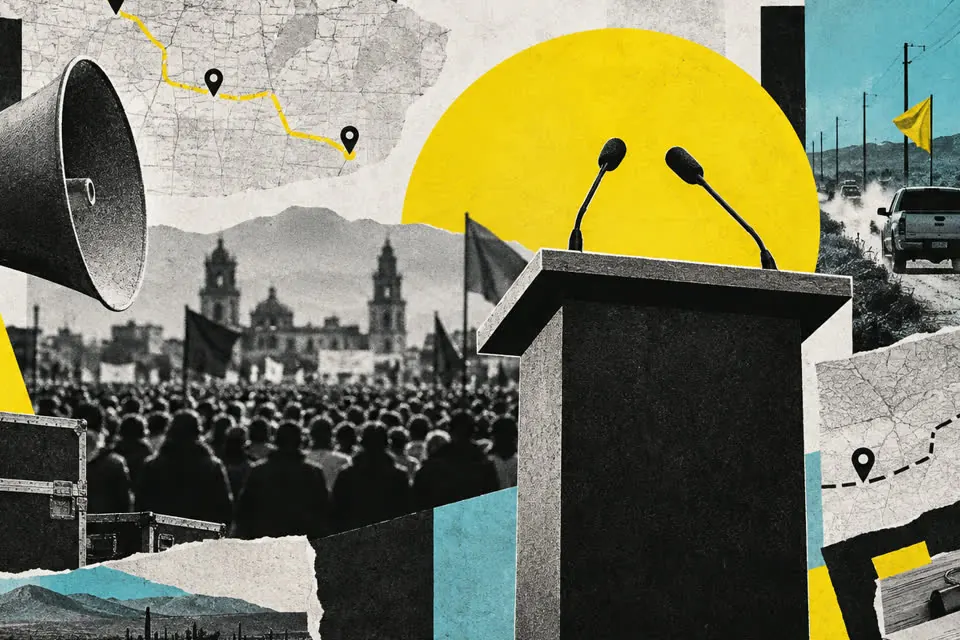 Ilustración editorial de Ruta 27 sobre campañas y debate público