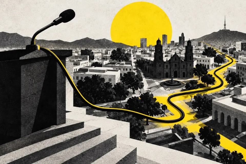 Ilustración editorial de Ruta 27 sobre campañas y debate público