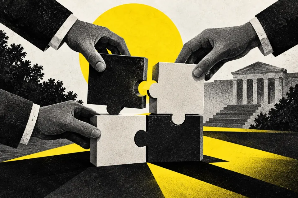 Ilustración editorial de Ruta 27 sobre coaliciones y negociaciones partidistas