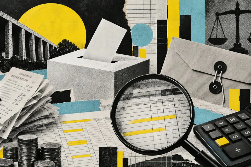Ilustración editorial de Ruta 27 sobre financiamiento y fiscalización electoral