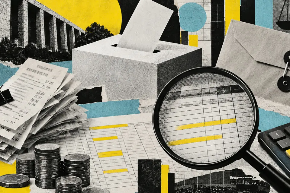 Ilustración editorial de Ruta 27 sobre financiamiento y fiscalización electoral