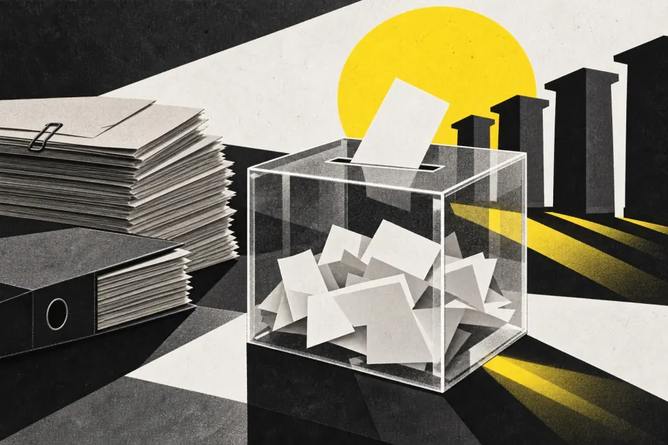 Ilustración editorial de Ruta 27 sobre financiamiento y fiscalización electoral