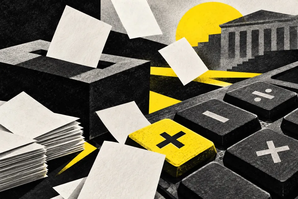 Ilustración editorial de Ruta 27 sobre financiamiento y fiscalización electoral