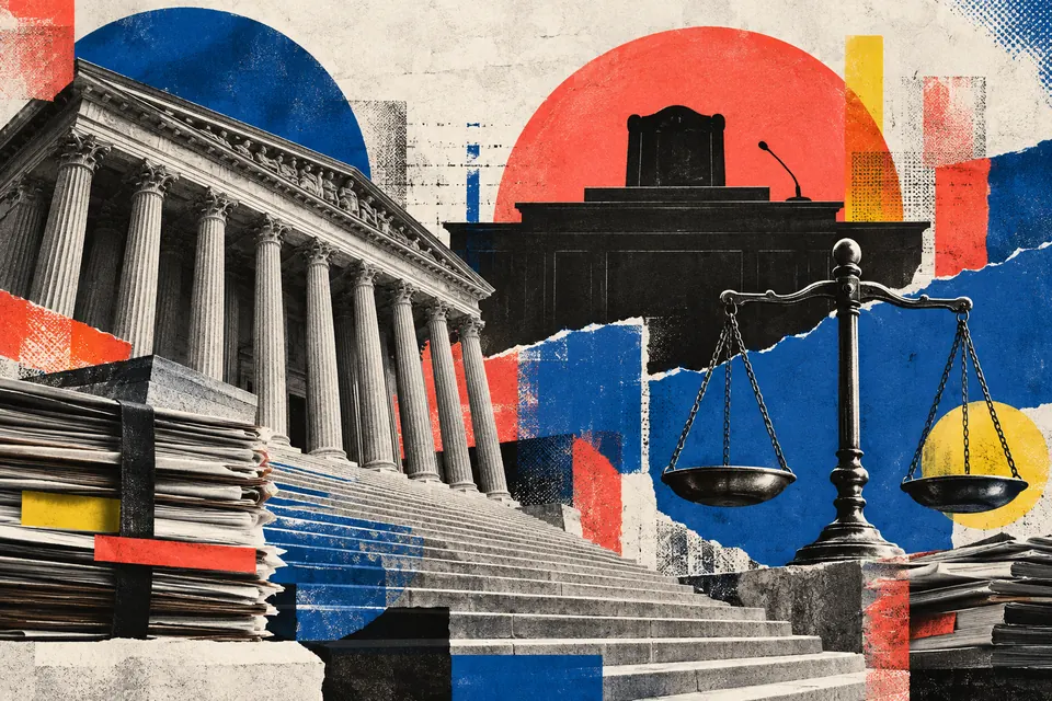 Ilustración editorial de Ruido Cero sobre justicia y tribunales