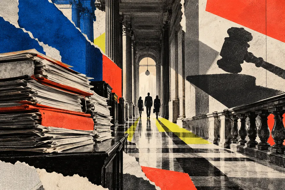 Ilustración editorial de Ruido Cero sobre justicia y tribunales