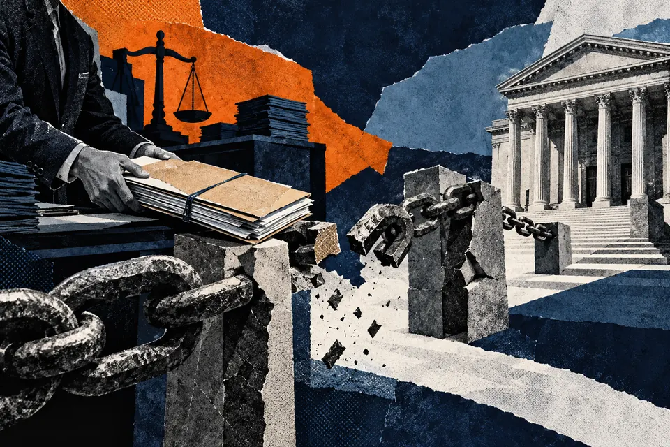 Ilustración editorial de Ruido Cero sobre justicia y tribunales