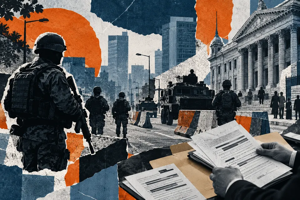 Ilustración editorial de Ruido Cero sobre fuerzas armadas